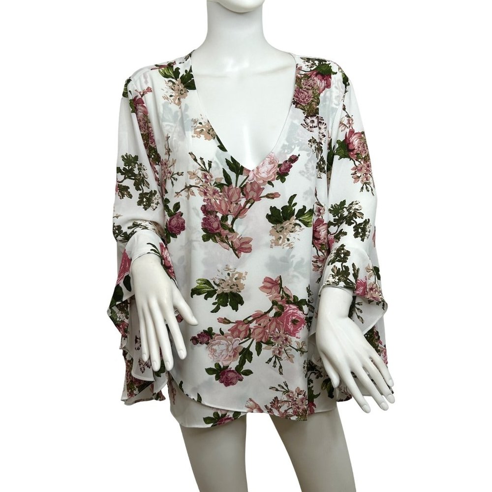 Tahari Women’s Blouse 1X Floral White Pink Green V-Neck Long Bell Ruffle sleeve